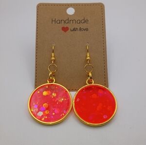 Women's Gold Plated Hypoallergenic Red Glitter Resin Bezel Dangle Earrings